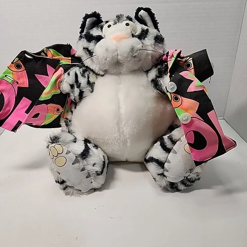 1989 Bernard Kliban Star Shine Hawaiian Aloha Fat Cat Gray & Black Plush Tag 9”
